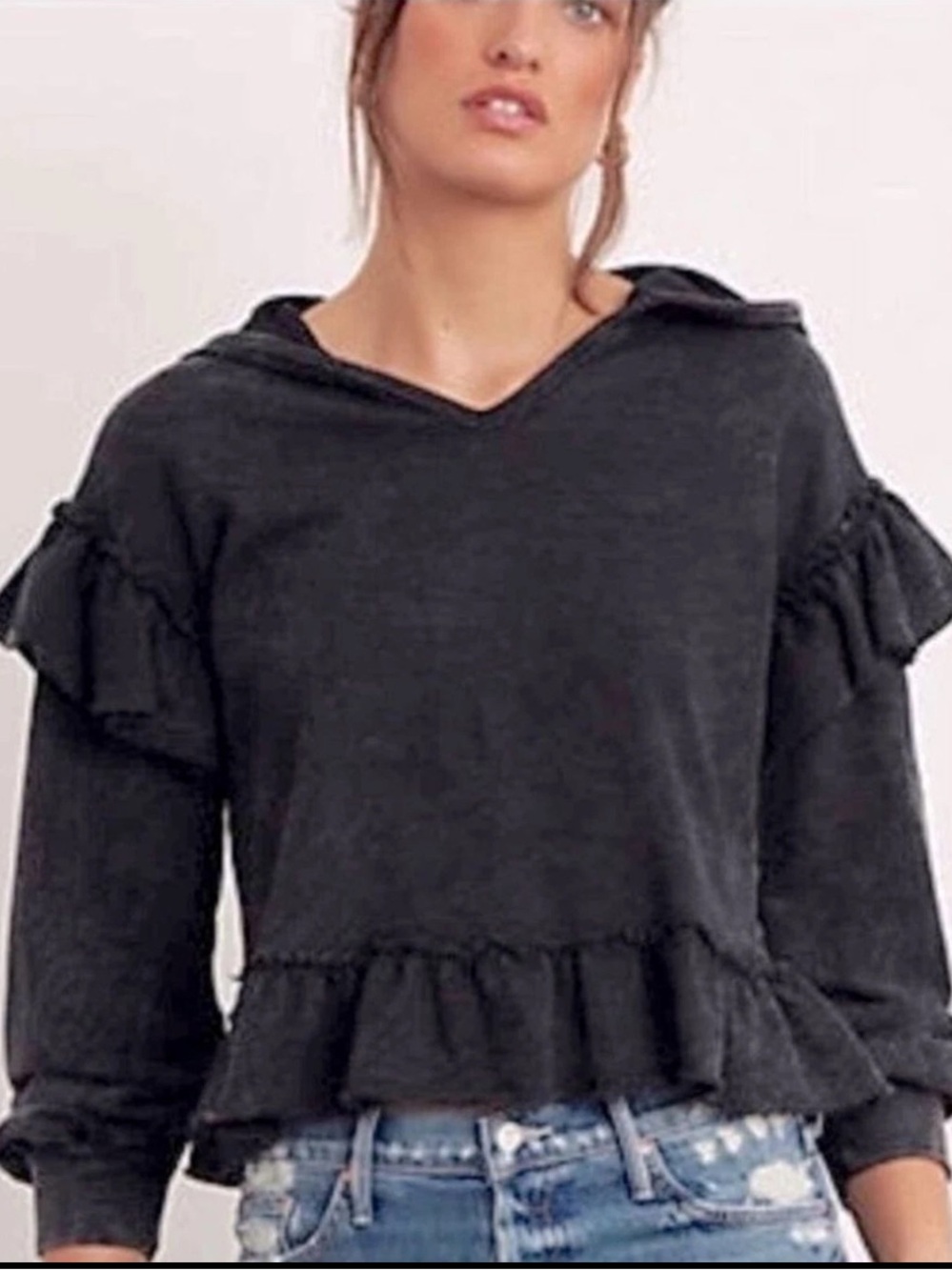 Anthropologie TLA faded black gray hooded ruffled sweatshirt XS